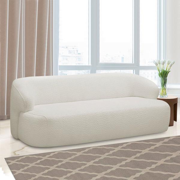 Imagem de Conjunto Sala de Estar Decorativo Charlote 1 Sofá 180cm 2 Lugares 1 Poltrona Base Giratória em Aço com Puff Bouclê Off White G88 - Gran Belo