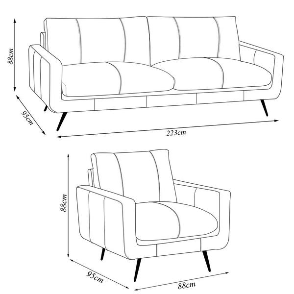 Imagem de Conjunto Sala de Estar Decorativo Paloma 1 Sofá 3 Lugares 223cm 1 Poltrona Pés em Aço Couro Marrom Claro Manchado G88 - Gran Belo