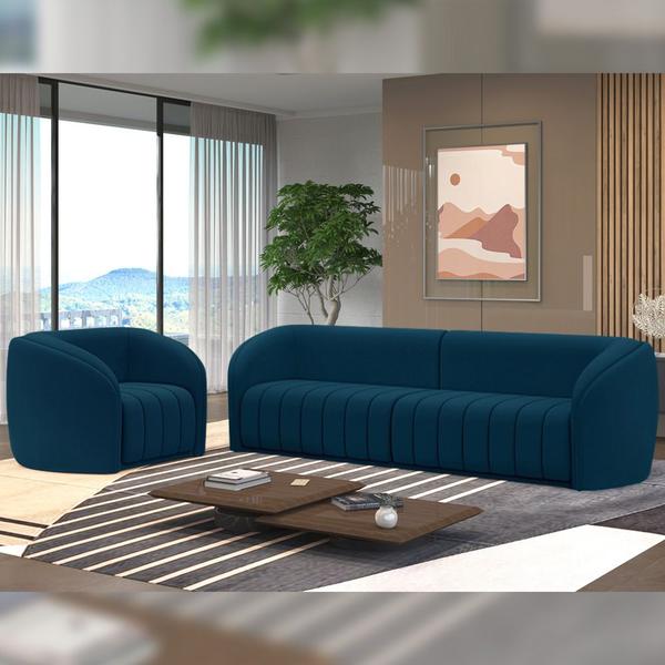 Imagem de Conjunto Sala de Estar Sofá 252cm 3 Lugares e Poltrona Adam Veludo Azul Marinho G45 - Gran Belo