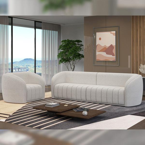 Imagem de Conjunto Sala de Estar Sofá 332cm 4 Lugares e Poltrona Adam Boucle Branco G45 - Gran Belo