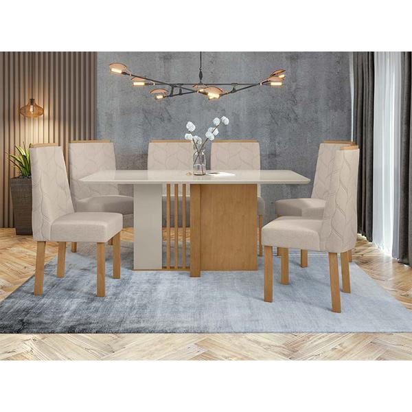 Imagem de Conjunto Sala de Jantar 6 Cadeiras Astrid 170 Lopas Amêndoa Clean/Off White/Linho Rinzai Bege