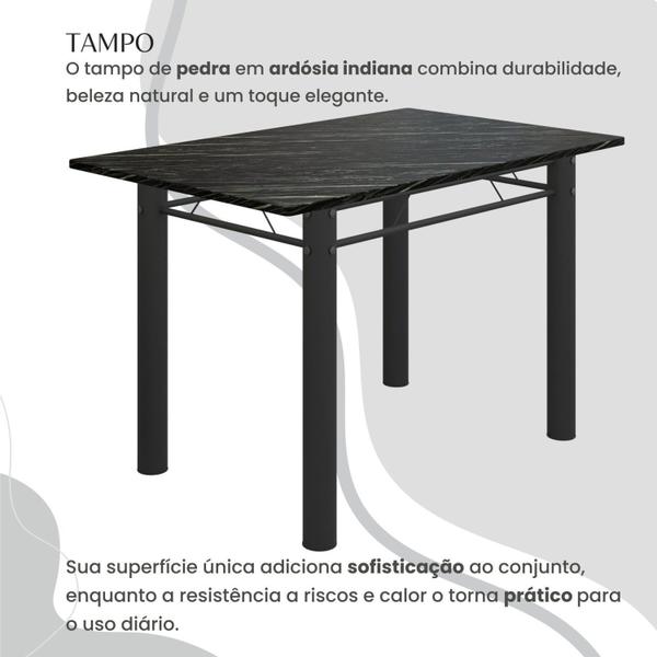 Imagem de Conjunto Sala de Jantar Bahia Mesa Tubo 120x75cm Tampo Pedra Ardósia Indiana com 4 Cadeiras