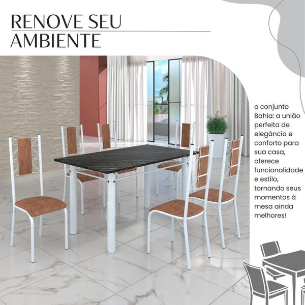 Imagem de Conjunto Sala de Jantar Bahia Mesa Tubo 140x75cm Tampo Pedra Ardósia Indiana com 6 Cadeiras