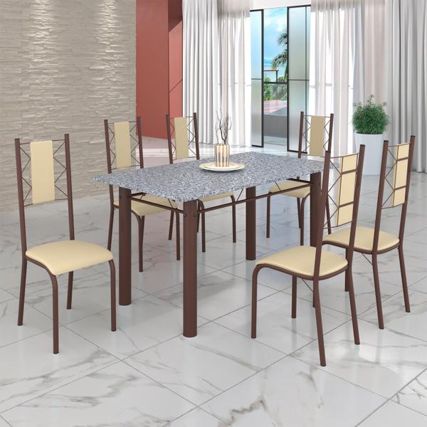 Imagem de Conjunto Sala de Jantar Bahia Mesa Tubo 140x75cm Tampo Pedra Granito com 6 Cadeiras Creme/Marrom