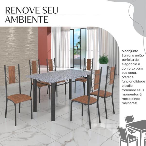 Imagem de Conjunto Sala de Jantar Bahia Mesa Tubo 140x75cm Tampo Pedra Granito com 6 Cadeiras Marrom/Prata