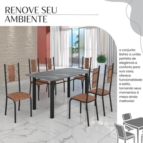 Imagem de Conjunto Sala de Jantar Bahia Mesa Tubo 3" 140x75cm Tampo Pedra Granito Topázio com 6 Cadeiras