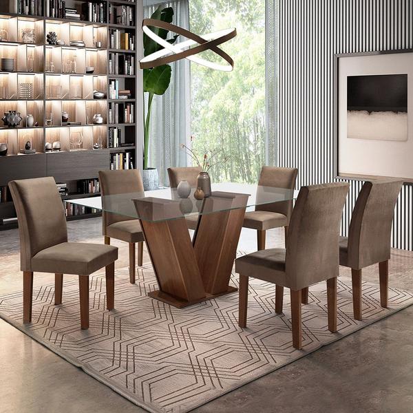 Imagem de Conjunto Sala de Jantar Classic Mesa Chocolate com 6 Cadeiras de Jantar Estofadas - Suede Marrom