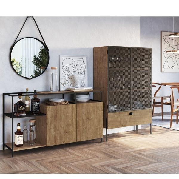 Imagem de Conjunto Sala de Jantar Cristaleira com Balcão Buffet York Industrial Artesano