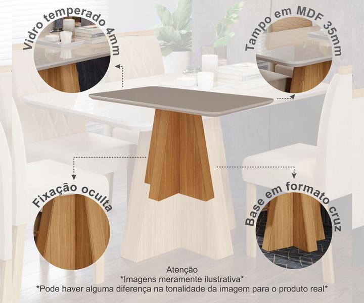 Imagem de Conjunto Sala De Jantar Maite 130X80 Tampo MDF/Vidro 4 Cadeiras Tais C/Moldura Cimol Nature/Offwhite/Nude