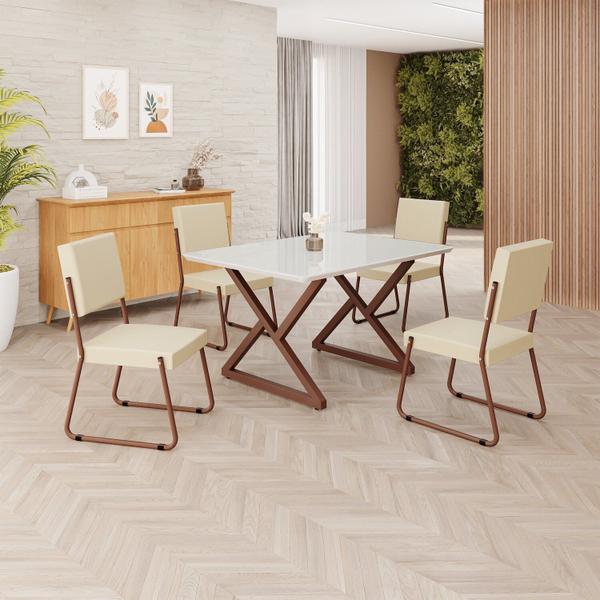 Imagem de Conjunto Sala de Jantar Mesa 120x90cm Base Império Tampo Mdf Laca com Vidro Napoli Creme / Marrom