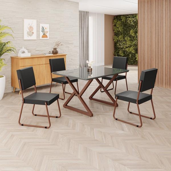 Imagem de Conjunto Sala de Jantar Mesa 120x90cm Base Império Tampo Mdf Laca com Vidro Napoli Preto / Marrom