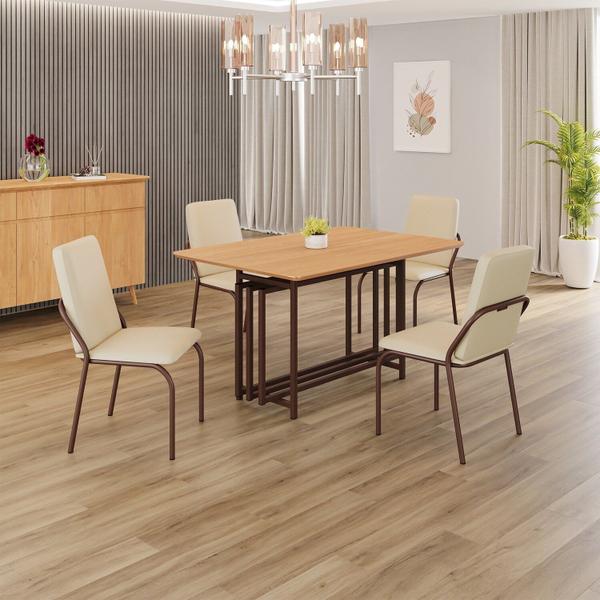 Imagem de Conjunto Sala de Jantar Mesa 120x90cm Base Pérola Tampo Mdf Malibu Creme / Marrom