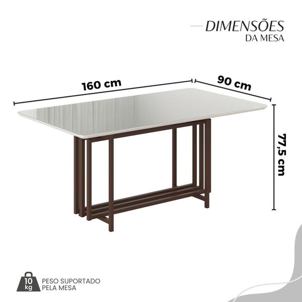 Imagem de Conjunto Sala de Jantar Mesa 160cm X 90cm Base Pérola Tampo Mdf Laca com Vidro Florença Preto / Marrom