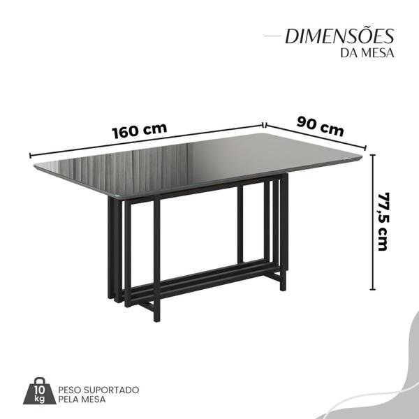 Imagem de Conjunto Sala de Jantar Mesa 160x90cm Base Pérola Tampo Mdf Laca com Vidro Napoli Grafite / Preto