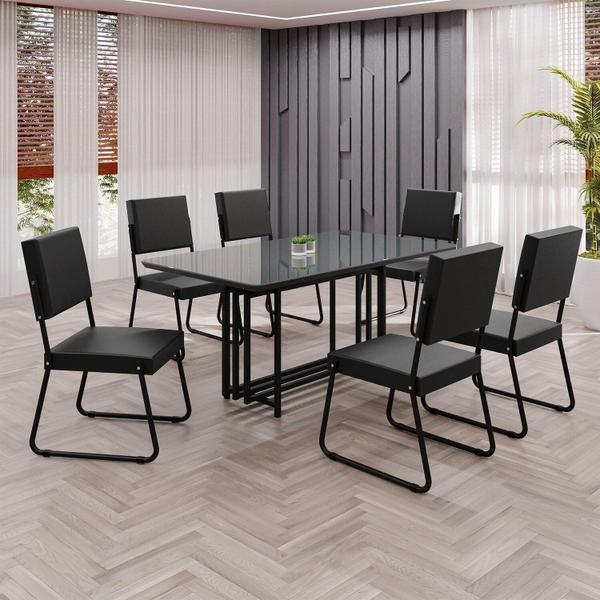 Imagem de Conjunto Sala de Jantar Mesa 160x90cm Base Pérola Tampo Mdf Laca com Vidro Napoli Preto