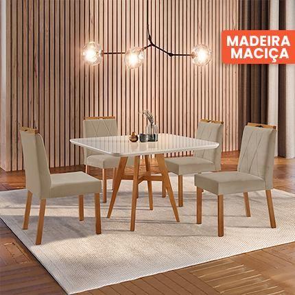 Imagem de Conjunto Sala de Jantar Mesa Atenas Madeira Maciça 90x90cm Tampo Quadrado Vidro Off White com 4 Cadeiras Bela com Puxador Móveis Minas