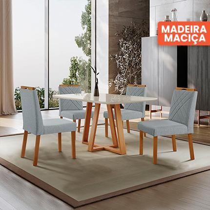 Imagem de Conjunto Sala de Jantar Mesa Florença Madeira Maciça 140x80cm Tampo Retângular Vidro Off White com 4 Cadeiras Dallas com Puxador  Móveis Minas