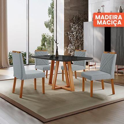 Imagem de Conjunto Sala de Jantar Mesa Florença Madeira Maciça 140x80cm Tampo Retangular Vidro Preto com 4 Cadeiras Dallas com Puxador  Móveis Minas