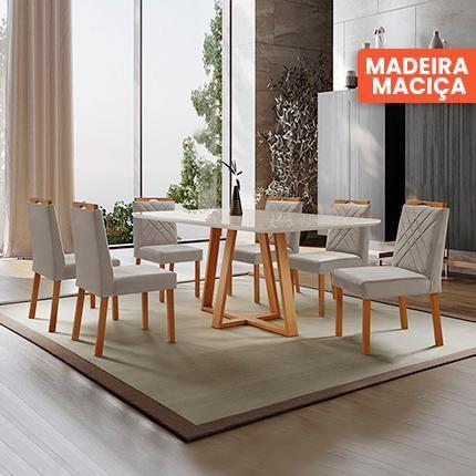 Imagem de Conjunto Sala de Jantar Mesa Florença Madeira Maciça 180x90cm Tampo Retangular Vidro Off White com 6 Cadeiras Dallas com Puxador  Móveis Minas