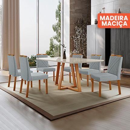 Imagem de Conjunto Sala de Jantar Mesa Florença Madeira Maciça 180x90cm Tampo Retangular Vidro Off White com 6 Cadeiras Dallas com Puxador  Móveis Minas