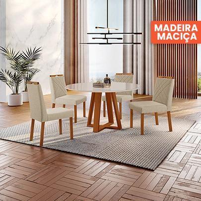 Imagem de Conjunto Sala de Jantar Mesa Floripa 110cm Tampo Redondo Vidro/MDF Off White com 4 Cadeiras Dallas com Puxador Móveis Minas