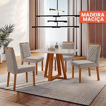 Imagem de Conjunto Sala de Jantar Mesa Floripa Madeira Maciça 120x80cm Tampo Retângular Vidro Off White com 4 Cadeiras Dallas com Puxador Móveis Minas