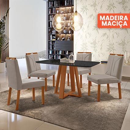 Imagem de Conjunto Sala de Jantar Mesa Floripa Madeira Maciça 120x80cm Tampo Retângular Vidro Preto com 4 Cadeiras Luna com Puxador Móveis Minas