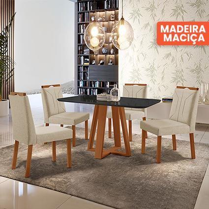 Imagem de Conjunto Sala de Jantar Mesa Floripa Madeira Maciça 120x80cm Tampo Retângular Vidro Preto com 4 Cadeiras Luna com Puxador Móveis Minas