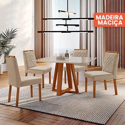 Imagem de Conjunto Sala de Jantar Mesa Floripa Madeira Maciça 120x90cm Tampo Retângular Vidro Off White com 4 Cadeiras Dallas com Puxador Móveis Minas