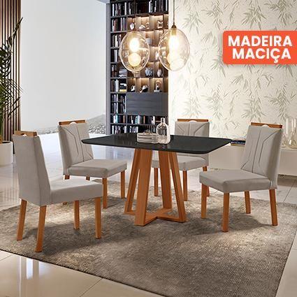 Imagem de Conjunto Sala de Jantar Mesa Floripa Madeira Maciça 120x90cm Tampo Retângular Vidro Preto com 4 Cadeiras Luna com Puxador Móveis Minas