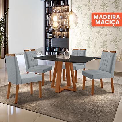 Imagem de Conjunto Sala de Jantar Mesa Floripa Madeira Maciça 120x90cm Tampo Retângular Vidro Preto com 4 Cadeiras Luna com Puxador Móveis Minas