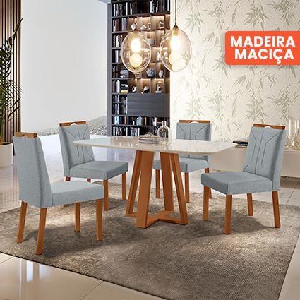 Imagem de Conjunto Sala de Jantar Mesa Floripa Madeira Maciça 140x80cm Tampo Retângular Vidro Off White com 4 Cadeiras Luna com Puxador Móveis Minas