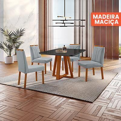 Imagem de Conjunto Sala de Jantar Mesa Floripa Madeira Maciça 90x90cm Tampo Quadrado Vidro Preto com 4 Cadeiras Luna com Puxador Móveis Minas