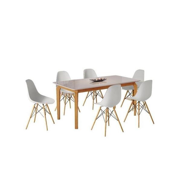 Imagem de Conjunto Sala de Jantar Mesa Madeira Maciça Tampo Vidro com 6 Cadeiras Eames Espresso Móveis Branco/Marrom