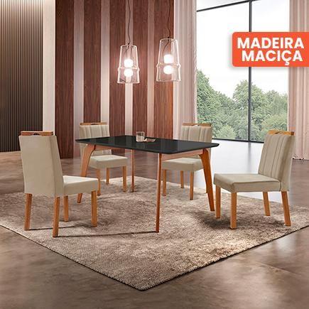 Imagem de Conjunto Sala de Jantar Mesa Paris Madeira Maciça 120x90cm Tampo Retângular Vidro Preto com 4 Cadeiras Ágata com Puxador  Móveis Minas