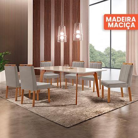 Imagem de Conjunto Sala de Jantar Mesa Paris Madeira Maciça 180x90cm Tampo Retângular Vidro Off White  com 6 Cadeiras Ágata com Puxador Móveis Minas