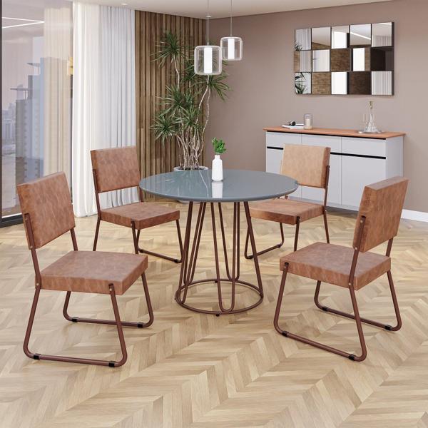 Imagem de Conjunto Sala de Jantar Mesa Redonda 100cm Base Omega Tampo Mdf Laca com Vidro Napoli