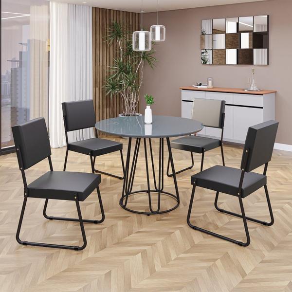 Imagem de Conjunto Sala de Jantar Mesa Redonda 100cm Base Omega Tampo Mdf Laca com Vidro Napoli Preto