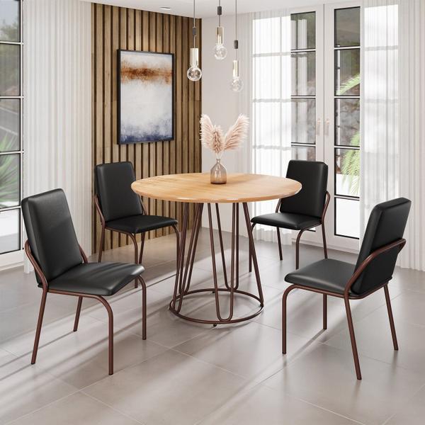 Conjunto Sala de Jantar Mesa Redonda 100cm Base Omega Tampo MDF Malibu Marrom/Preto - Móveis Teixeira Conjunto Sala de Jantar Mesa Redonda 100cm Base Omega Tampo MDF Malibu Marrom/Preto - Móveis Teixeira