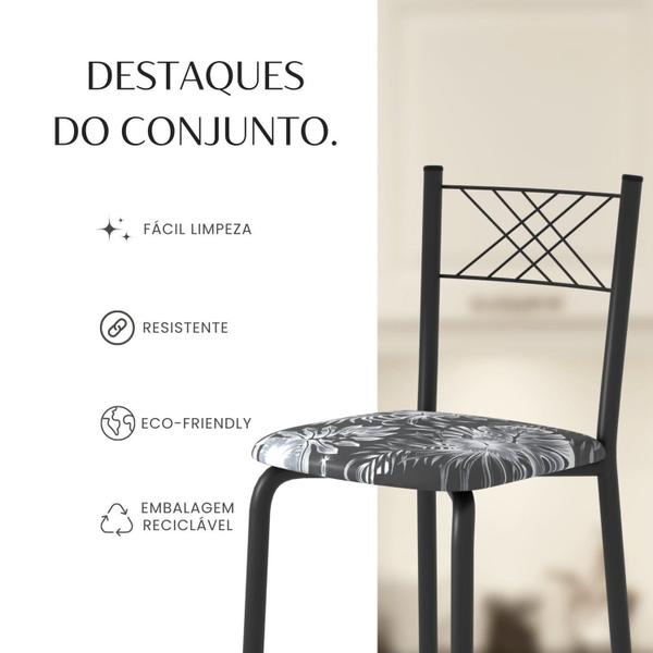 Imagem de Conjunto Sala de Jantar Mesa Retangular 100x60cm Tampo Granito Topázio 4 Banquetas Maragogi Yescasa Preto Floral/ Preto Fosco