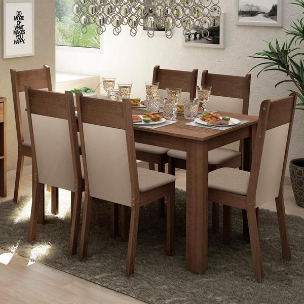 Conjunto Sala de Jantar Mesa Tampo de Madeira 6 Cadeiras Rustic/Crema/Bege Jaíne Madesa Conjunto Sala de Jantar Mesa Tampo de Madeira 6 Cadeiras Rustic/Crema/Bege Jaíne Madesa