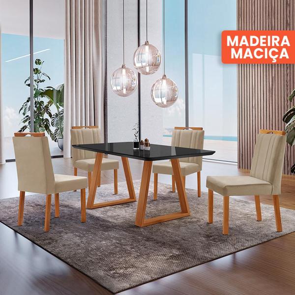 Imagem de Conjunto Sala de Jantar Mesa Viena Madeira Maciça 120x90cm Tampo Retângular Vidro Preto com 4 Cadeiras Ágata com Puxador Móveis Minas