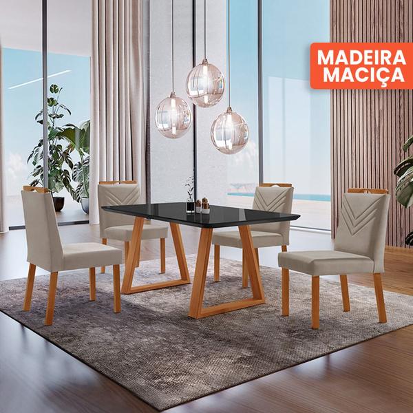 Imagem de Conjunto Sala de Jantar Mesa Viena Madeira Maciça 120x90cm Tampo Retângular Vidro Preto com 4 Cadeiras Maia com Puxador Móveis Minas