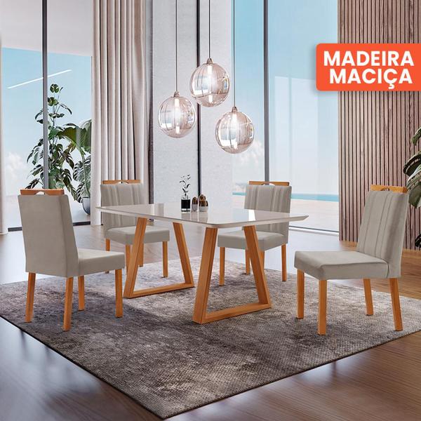 Imagem de Conjunto Sala de Jantar Mesa Viena Madeira Maciça 140x80cm Tampo Retângular Vidro Off White com 4 Cadeiras Ágata com Puxador Móveis Minas