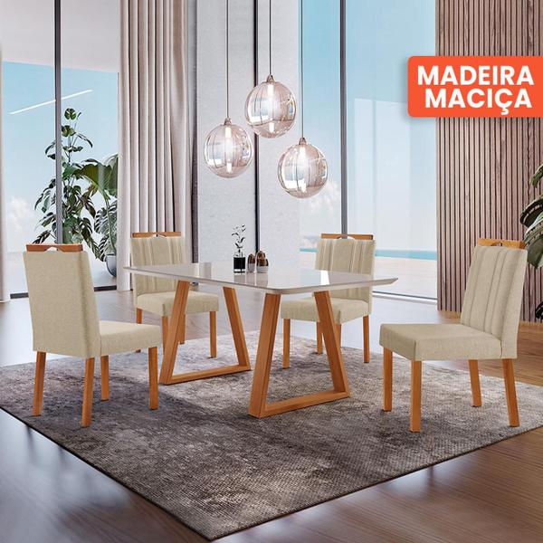 Imagem de Conjunto Sala de Jantar Mesa Viena Madeira Maciça 140x80cm Tampo Retângular Vidro Off White com 4 Cadeiras Ágata com Puxador Móveis Minas