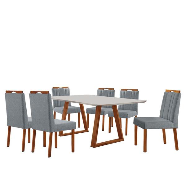 Imagem de Conjunto Sala de Jantar Mesa Viena Madeira Maciça 160x90cm Tampo Retângular Vidro Off White com 6 Cadeiras Ágata com Puxador Móveis Minas