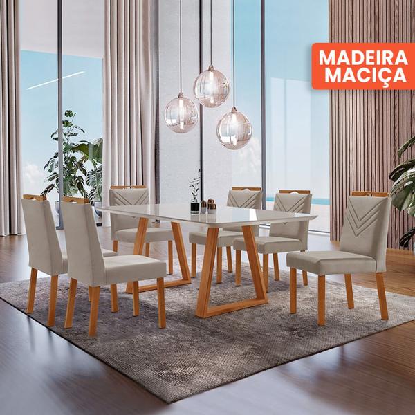 Imagem de Conjunto Sala de Jantar Mesa Viena Madeira Maciça 160x90cm Tampo Retangular Vidro Off White com 6 Cadeiras Maia com Puxador Móveis Minas