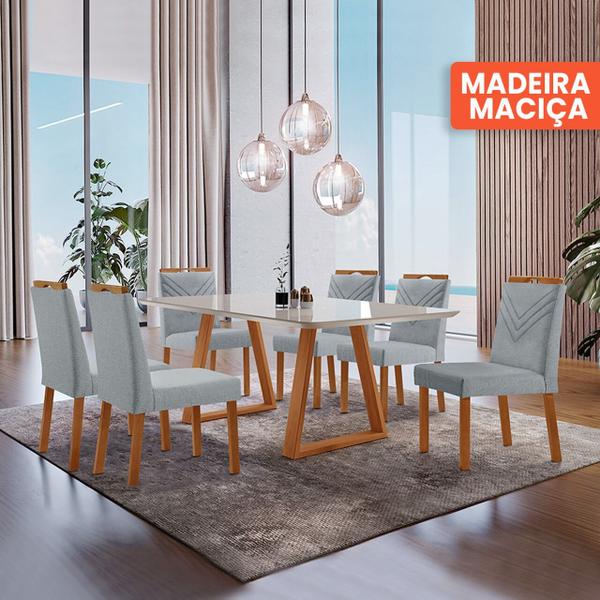 Imagem de Conjunto Sala de Jantar Mesa Viena Madeira Maciça 160x90cm Tampo Retangular Vidro Off White com 6 Cadeiras Maia com Puxador Móveis Minas