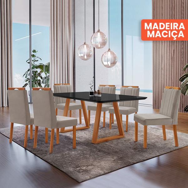 Imagem de Conjunto Sala de Jantar Mesa Viena Madeira Maciça 160x90cm Tampo Retângular Vidro Preto com 6 Cadeiras Ágata com Puxador Móveis Minas