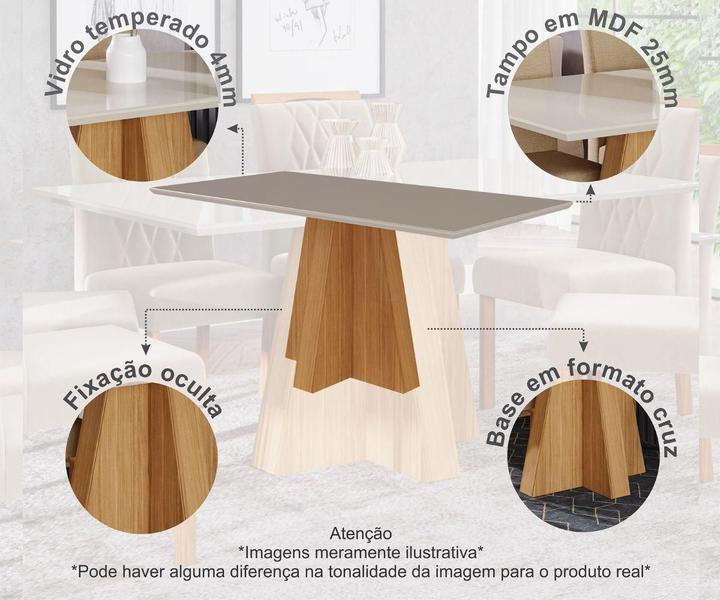 Imagem de Conjunto Sala De Jantar Patricia 160X80 Tampo MDF/Vidro 6 Cadeiras Paola Cimol Nature/Offwhite/Nude